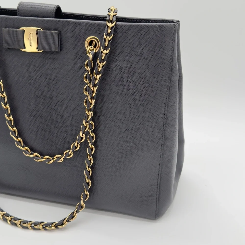 Salvatore Ferragamo Leather Chain Tote Bag Handbag Grey Gold - Picture 6 of 16